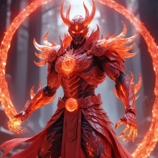 Prompt: ((best quality)), ((illustration)), ((masterpiece)), bright  colors, unreal engine, highres, fantasy, 1 red transparent masked susanoo hologram, surrounded in a red glowing fiery aura, orange glowing eyes, huge; red energy aura, highly detailed