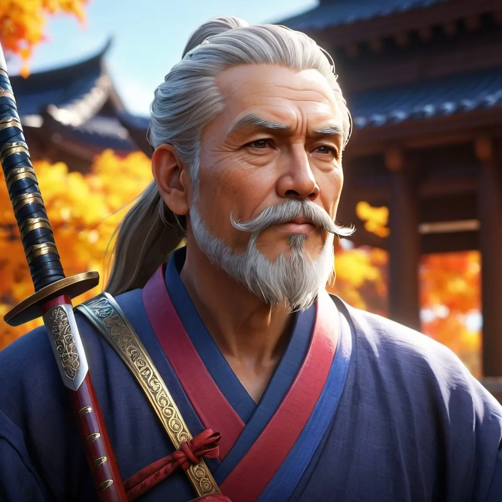 Prompt: ((best quality)), ((illustration)), ((masterpiece)), bright  colors, unreal engine, highres, fantasy, 1 old man with goatee, katana, highly detailed