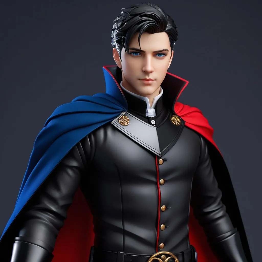 Prompt: ((best quality)), ((illustration)), ((masterpiece)), bright  colors, unreal engine, highres, fantasy, 1 toy figurine of a young man, white skin, black high collar shirt, black high collar cape, black and red armbands, black hair, short hair, blue eyes; highly detailed