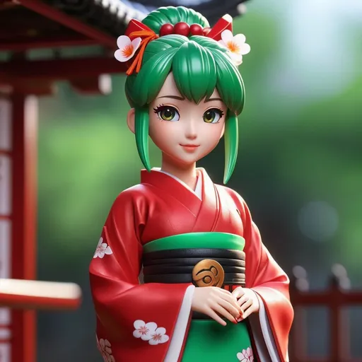 Prompt: ((best quality)), ((illustration)), ((masterpiece)), bright  colors, unreal engine, highres, fantasy, 1 toy figurine of a young teenage girl, red skin, athletic, red kimono, green hair, hair bangs, hair bun; white aura, highly detailed