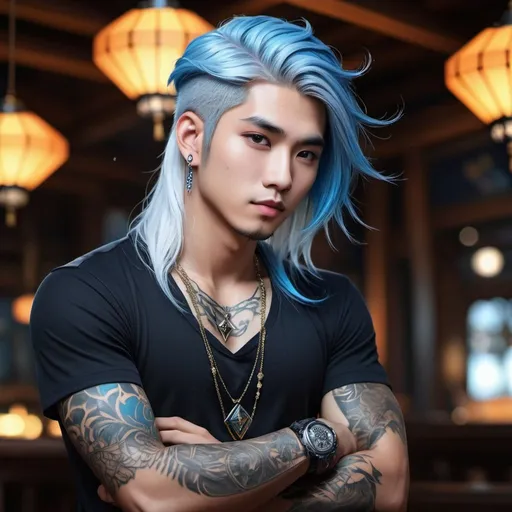 Prompt: ((best quality)), ((illustration)), ((masterpiece)), bright  colors, unreal engine, highres, fantasy, 1 asian boy, white skin, Black and white shirt, long blue hair; diamond tattoos, highly detailed