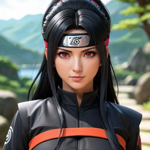 Prompt: ((best quality)), ((illustration)), ((masterpiece)), bright colors, unreal engine, highres, 1 middle aged woman, red eyes, black hair, long hair, naruto ninja headband; highly detailed