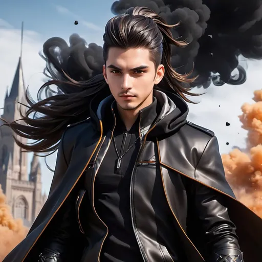 Prompt: ((best quality)), ((illustration)), ((masterpiece)), bright  colors, unreal engine, highres, 1 serious teenage boy, long black spiky ponytail hair, stubble, black jacket, black and brown cloak, black metallic gravity energy aura,  black smoke; highly detailed