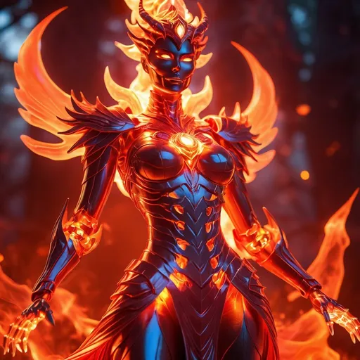 Prompt: ((best quality)), ((illustration)), ((masterpiece)), bright  colors, unreal engine, highres, fantasy, 1 red transparent female skeletal susanoo ghost, surrounded in a red glowing fiery aura, orange glowing eyes, huge; red energy aura, highly detailed