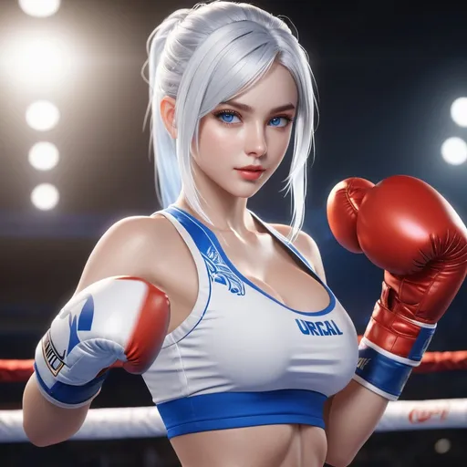 Prompt: ((best quality)), ((illustration)), ((masterpiece)), bright  colors, unreal engine, highres, fantasy, 1 young girl, white skin, rich, boxing clothes, blue eyes, white hair, straight hair; white highlight, highly detailed