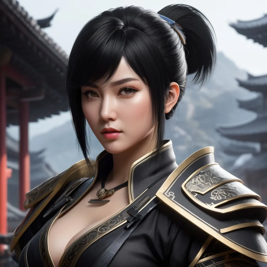 Prompt: ((best quality)), ((illustration)), ((masterpiece)), bright  colors, unreal engine, highres, fantasy, 1 lady, white skin, black ronin warrior clothes, black hair, short cut hair, short bangs; highly detailed