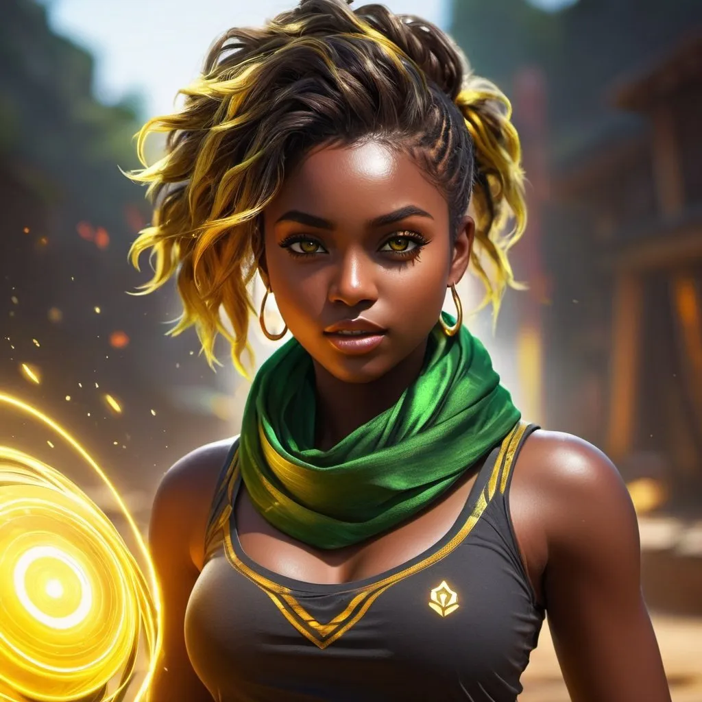 Prompt: ((best quality)), ((illustration)), ((masterpiece)), bright  colors, unreal engine, highres, fantasy, 1 teenage girl, dark skin, African, red eyes, stylish shirt, black, messy hair with yellow streaks, muscles, golden and green scarf; golden energy aura, battle ready, golden highlights, highly detailed