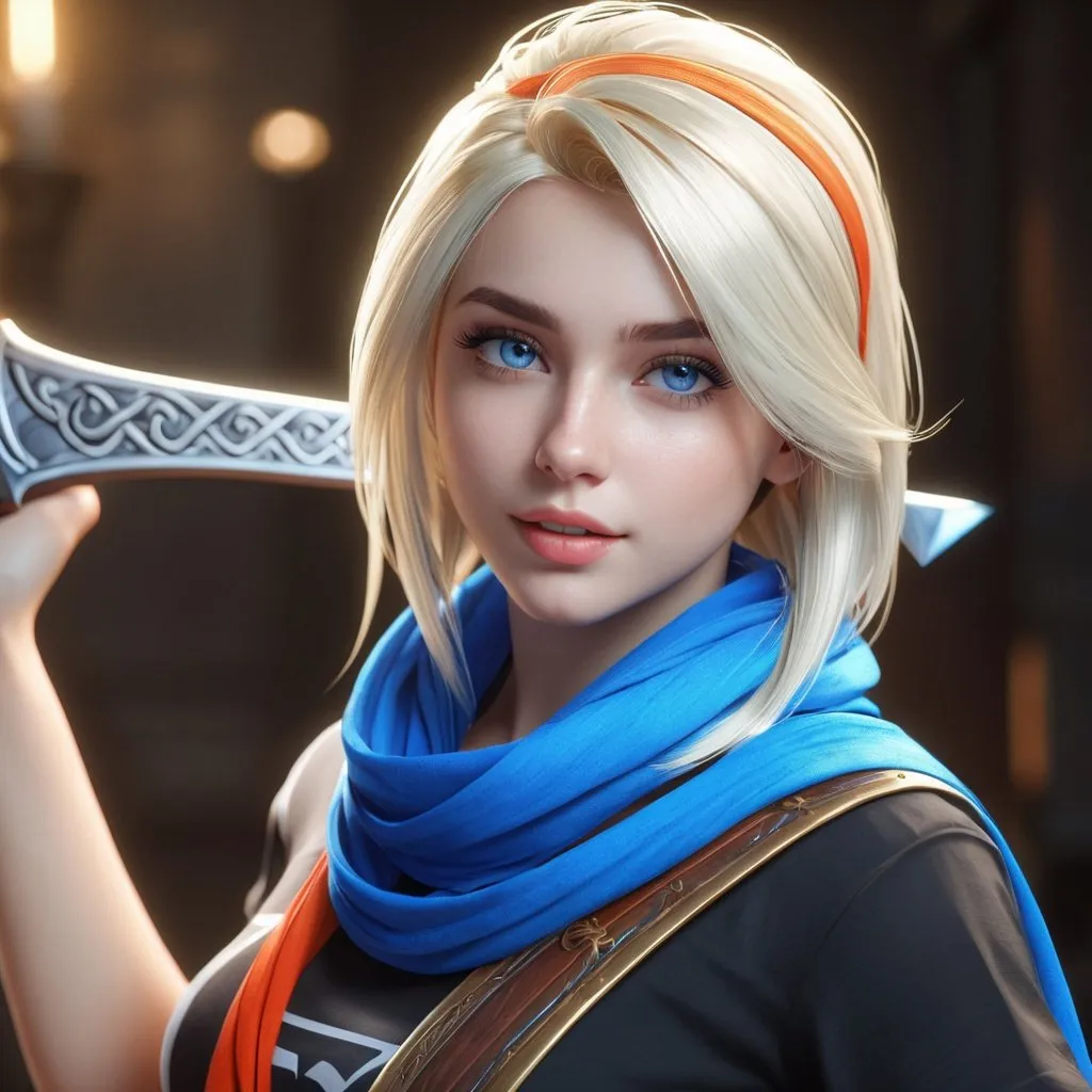 Prompt: ((best quality)), ((illustration)), ((masterpiece)), bright  colors, unreal engine, highres, fantasy, 1 girl, white skin, athletic, black t shirt, blue scarf, blue eyes, blonde hair; white highlight, axes, highly detailed