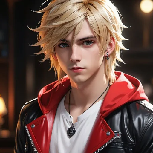 Prompt: ((best quality)), ((illustration)), ((masterpiece)), bright  colors, unreal engine, highres, 1 serious beautiful young boy, white shirt, black and red jacket, long dyed blonde hair, long hair, piercings; highly detailed