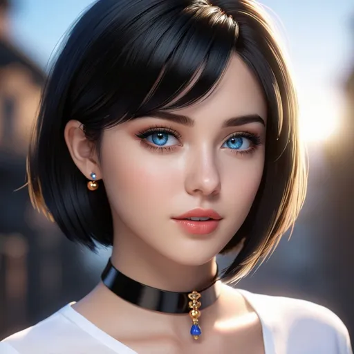 Prompt: ((best quality)), ((illustration)), ((masterpiece)), bright  colors, unreal engine, highres, fantasy, 1 young girl, light skin, blue eyes, white shirt, black choker, black hair, short hair; highly detailed