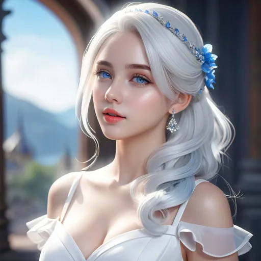 Prompt: ((best quality)), ((illustration)), ((masterpiece)), bright  colors, unreal engine, highres, fantasy, 1 young girl, white skin, rich, white dress, blue eyes, white hair white highlight, highly detailed