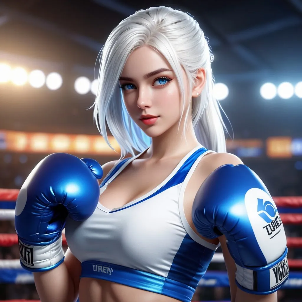 Prompt: ((best quality)), ((illustration)), ((masterpiece)), bright  colors, unreal engine, highres, fantasy, 1 young girl, white skin, rich, boxing clothes, blue eyes, white hair, straight hair; white highlight, highly detailed