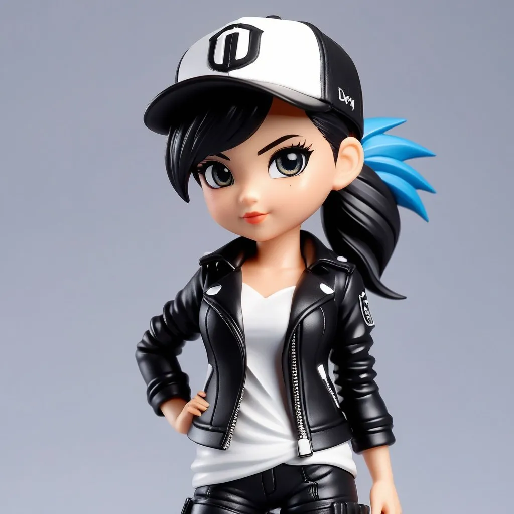 Prompt: ((best quality)), ((illustration)), ((masterpiece)), bright  colors, unreal engine, highres, fantasy, 1 toy figurine of a girl, wearing a black cap, one eye hidden in shadow, black leather jacket, white shirt, black hair, spiky ponytail; highly detailed