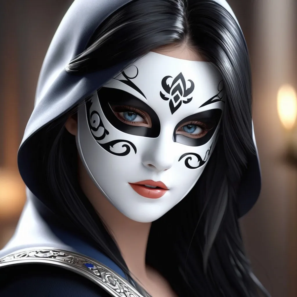 Prompt: ((best quality)), ((illustration)), ((masterpiece)), bright  colors, unreal engine, highres, fantasy, 1 girl, white skin, black hair, blue eyes, masked, black and grey clothes; highly detailed