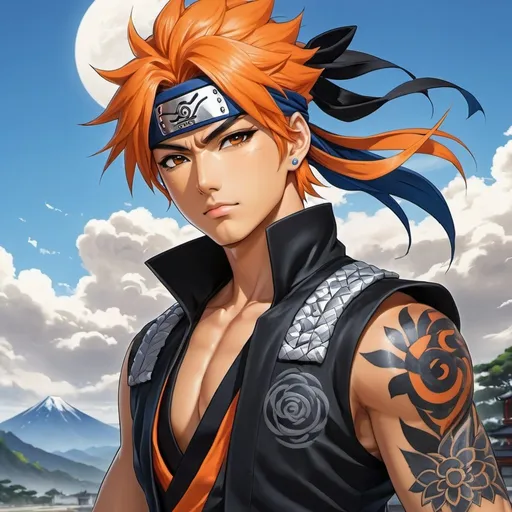 Prompt: Kishimito anime art style, 1 Shinobi ninja, tan skin, Black and blue vest, orange side swept hair; diamond tattoos, controlling gusts of wind, highly detailed anime art 