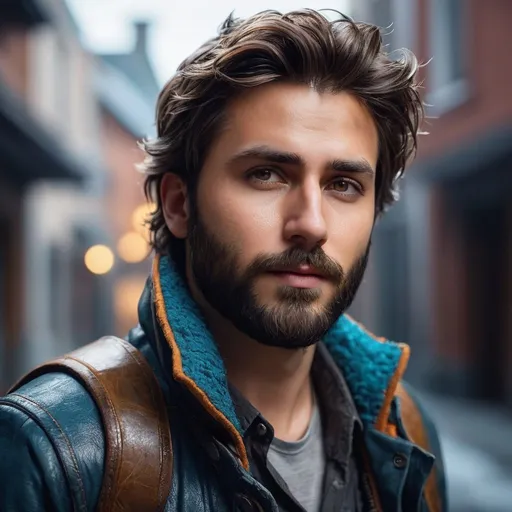 Prompt: ((best quality)), ((illustration)), ((masterpiece)), bright colors, unreal engine, highres, fantasy,  man is of average build, with disheveled brown hair and a scruffy beard that fails to conceal the anxiety etched on his face. His worn attire, a mix of dark-colored clothing and a threadbare jacket, hints at a life marked by hardship. The lines on his forehead speak of worry, and his eyes, wide with fear, betray the tumultuous emotions churning within, highly detailed.
