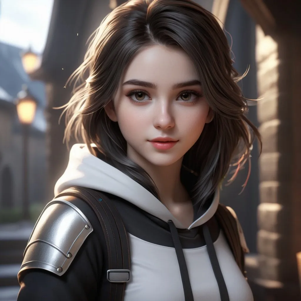 Prompt: ((best quality)), ((illustration)), ((masterpiece)), bright  colors, unreal engine, highres, fantasy, 1 teenage girl, white skin, dark brown hair, black and grey clothes; highly detailed