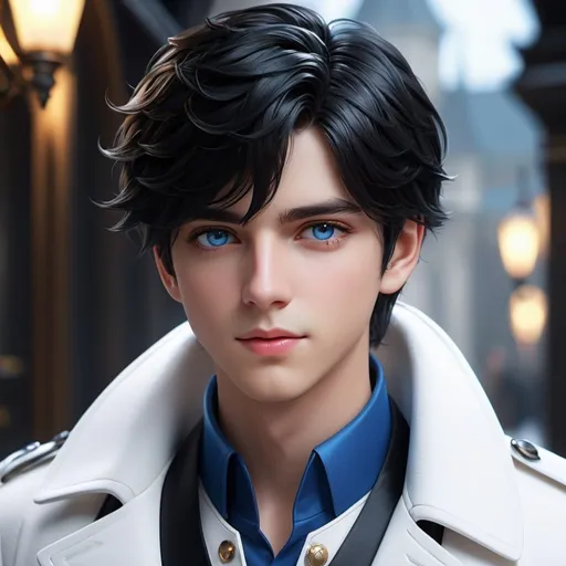 Prompt: ((best quality)), ((illustration)), ((masterpiece)), bright colors, unreal engine, highres, fantasy, 1 boy, black hair, white coat, blue eyes; highly detailed