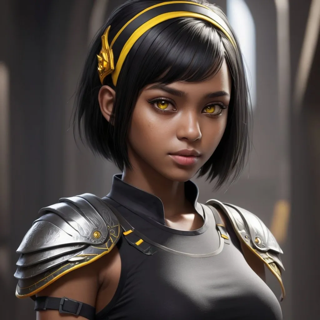 Prompt: ((best quality)), ((illustration)), ((masterpiece)), bright  colors, unreal engine, highres, fantasy, 1 girl, dark skin, black t shirt, metal shoulder guard, athletic, yellow eyes, black hair, short hair, silver headband; highly detailed