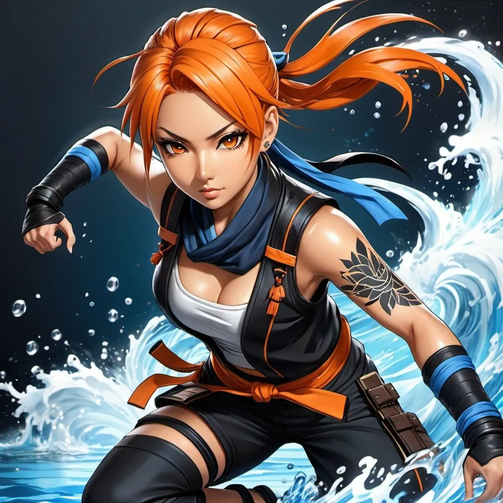 Prompt: Kishimito anime art style, 1 Shinobi ninja girl, tan skin, Black and blue vest, orange clipped hair; diamond tattoos, controlling water energy, battle ready, martial art stance, highly detailed anime art 