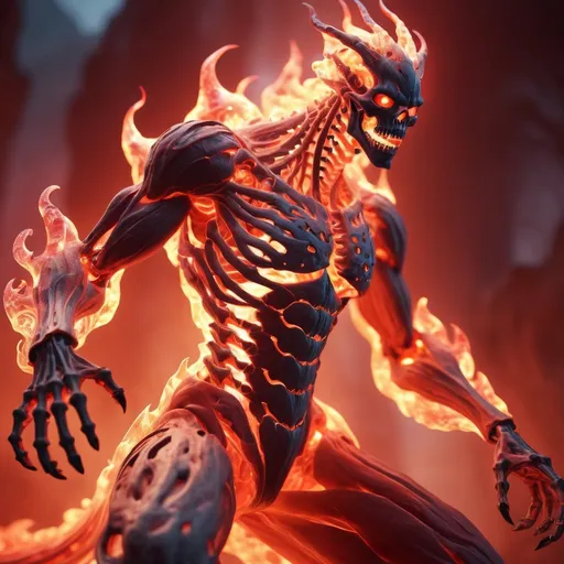 Prompt: ((best quality)), ((illustration)), ((masterpiece)), bright  colors, unreal engine, highres, fantasy, 1 red transparent slim skeletal susanoo ghost, surrounded in a red glowing fiery aura, orange glowing eyes, huge; red energy aura, highly detailed