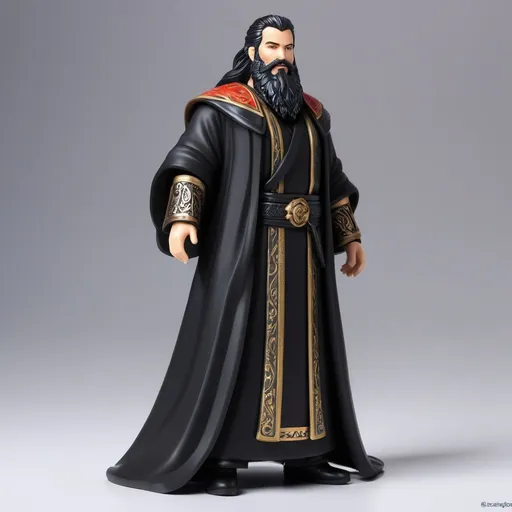 Prompt: ((best quality)), ((illustration)), ((masterpiece)), bright  colors, unreal engine, highres, fantasy, 1 toy figurine of a middle aged man, white skin, black robes, black hair, long hair, black beard; highly detailed