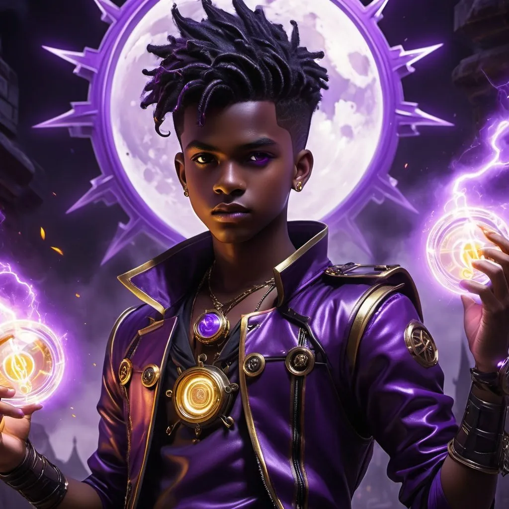 Prompt: ((best quality)), ((illustration)), ((masterpiece)), bright colors, unreal engine, highres, fantasy, young teenage boy, dark skin, African, purple pupils, black and purple Retro Steampunk Gothic majin clothing, purple and black hair, purple glowing tattoo, purple electricity aura, battle ready, highly detailed