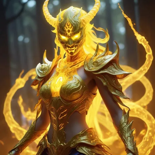 Prompt: ((best quality)), ((illustration)), ((masterpiece)), bright  colors, unreal engine, highres, fantasy, 1 yellow transparent female masked susanoo ghost, surrounded in a yellow glowing fiery aura, yellow glowing eyes, huge; yellow energy aura, highly detailed