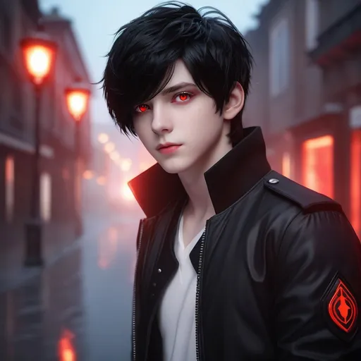 Prompt: ((best quality)), ((illustration)), ((masterpiece)), bright  colors, unreal engine, highres, fantasy, 1 young boy, pale skin, black jacket, black hair, red glowing eyes; white aura, highly detailed