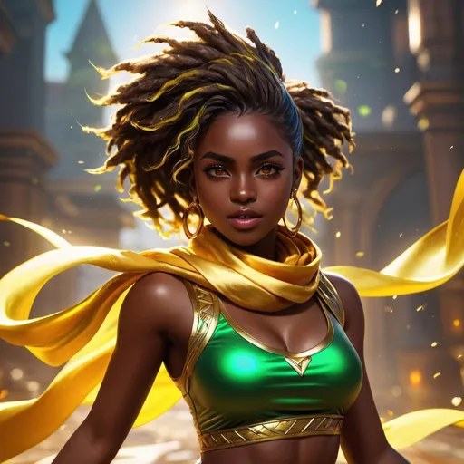 Prompt: ((best quality)), ((illustration)), ((masterpiece)), bright  colors, unreal engine, highres, fantasy, 1 teenage girl, dark skin, African, red eyes, stylish shirt, black, messy hair with yellow streaks, muscles, golden and green scarf; golden energy aura, battle ready, golden highlights, highly detailed