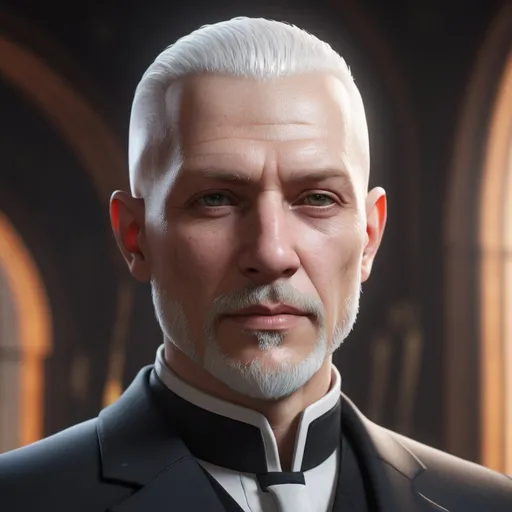 Prompt: ((best quality)), ((illustration)), ((masterpiece)), bright  colors, unreal engine, highres, fantasy, 1 middle aged man, white skin, black suit, white hair, bald fade hair, white goatee; highly detailed