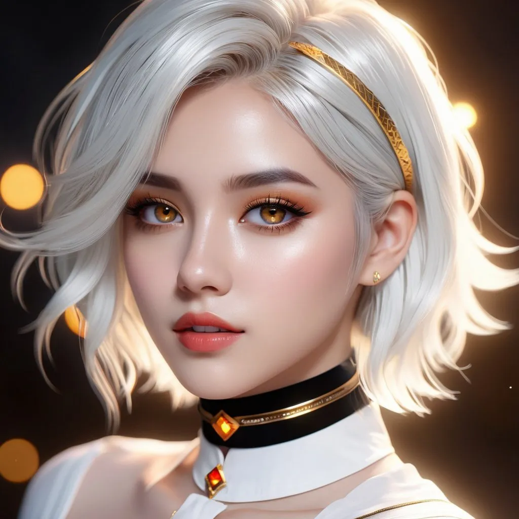 Prompt: ((best quality)), ((illustration)), ((masterpiece)), bright  colors, unreal engine, highres, fantasy, 1 celestial young girl, light skin, glowing golden eyes, white shirt, black choker, white hair, short hair; highly detailed