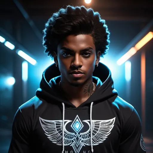 Prompt: ((best quality)), ((illustration)), ((masterpiece)), bright  colors, unreal engine, highres, fantasy, 1 boy standing in the dark in the shadows, dark skin, white glowing eyes through the darkness, menacing, shining eyes like bright white light, Geometric tattoo on face, Muscles, detailed face tattoo, black hair, afro, Metal, Aura of power, highly detailed, Hoodie,