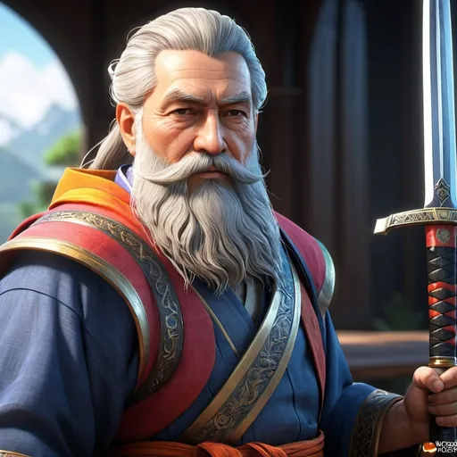 Prompt: ((best quality)), ((illustration)), ((masterpiece)), bright  colors, unreal engine, highres, fantasy, 1 old man with beard, katana, highly detailed