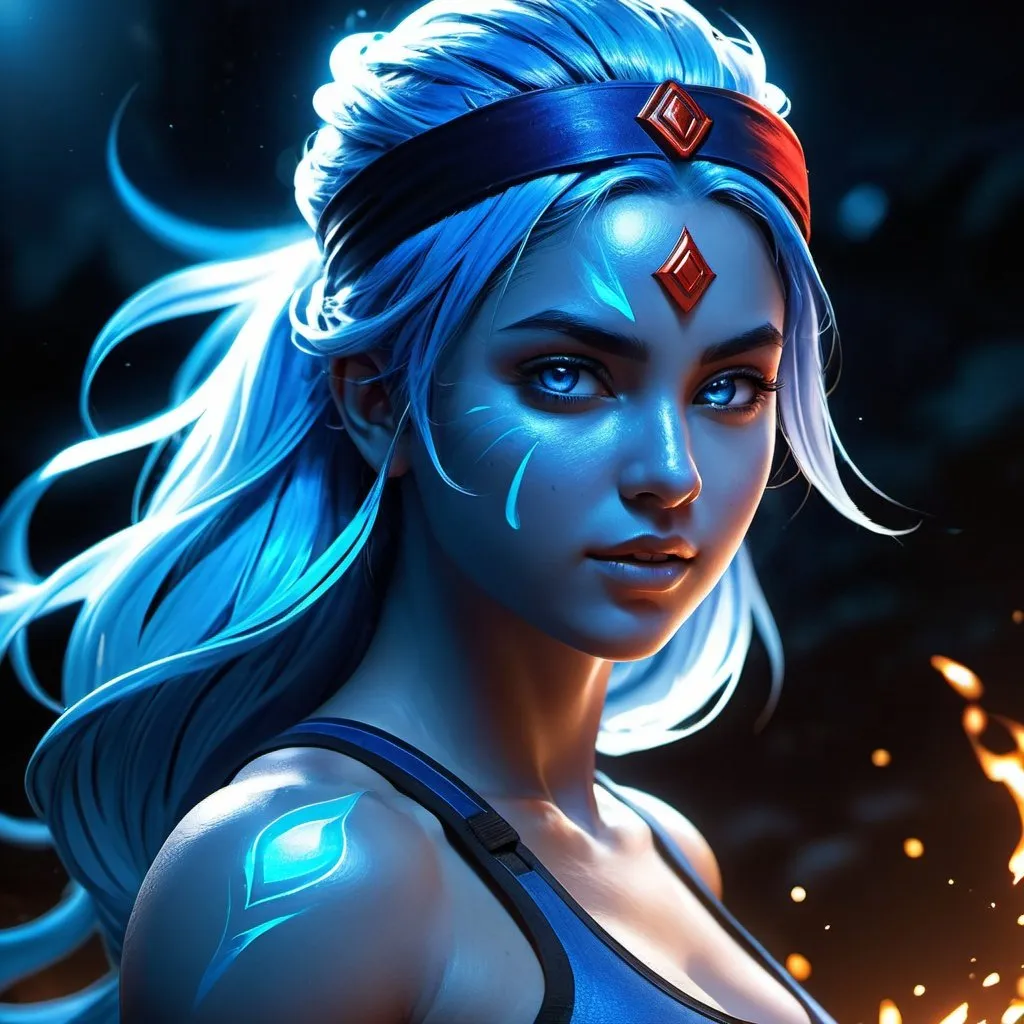 Prompt: ((best quality)), ((illustration)), ((masterpiece)), bright  colors, unreal engine, highres, fantasy, 1 young blue water genasi glowing girl with blue glowing skin, blue aura of energy, white skin, dark blue tanktop, athletic, red glowing eyes, blue hair, long hair, headband, martial artist, angry; highly detailed, glowing blue skin, glowing blue skin