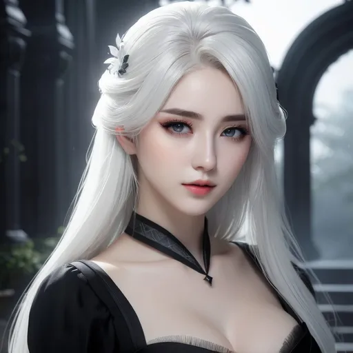 Prompt: ((best quality)), ((illustration)), ((masterpiece)), bright  colors, unreal engine, highres, fantasy, 1 lady, chalk white pale skin, Black dress, pale white hyuga eyes, white hair, straight long hair, sad; mist, darkness, highly detailed