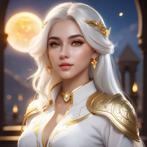 Prompt: ((best quality)), ((illustration)), ((masterpiece)), bright  colors, unreal engine, highres, fantasy, 1 celestial lady, light skin, glowing golden eyes, white shirt, white hair, long hair; highly detailed