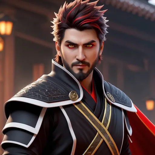 Prompt: ((best quality)), ((illustration)), ((masterpiece)), bright  colors, unreal engine, highres, fantasy, 1 ninja man, white skin, black and red clothes, cape, brown hair, spiky hair, yellow eyes, small beard; highly detailed