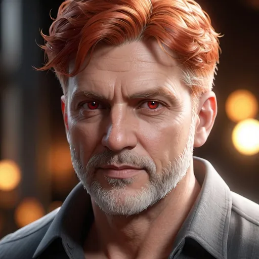 Prompt: ((best quality)), ((illustration)), ((masterpiece)), bright  colors, unreal engine, highres, fantasy, 1 middle aged man, white skin, red eyes, red hair, gray shirt; highly detailed