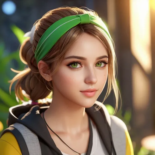 Prompt: ((best quality)), ((illustration)), ((masterpiece)), bright  colors, unreal engine, highres, fantasy, 1 young girl, light skin, brown hair, green eyes, casual clothes, headband, highly detailed