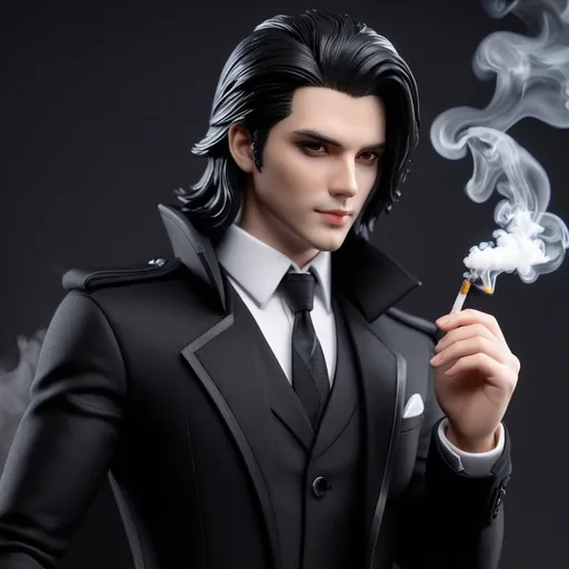 Prompt: ((best quality)), ((illustration)), ((masterpiece)), bright  colors, unreal engine, highres, fantasy, 1 toy figure of a man, pale white skin, black eyes, black suit, dark gray coat, black hair, spiky long hair covering one eye, holding cigarette; smoke aura, mist aura, highly detailed