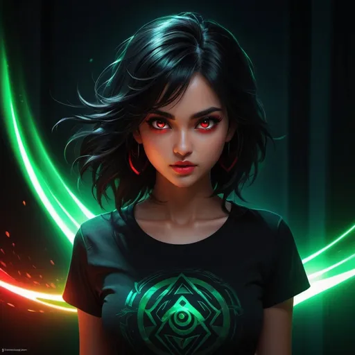 Prompt: ((best quality)), ((illustration)), ((masterpiece)), bright  colors, unreal engine, highres, fantasy, 1 girl standing in the dark in the shadows, light skin, black t shirt, black hair, flowing hair, angry, bright glowing red eyes through the darkness, menacing, eyes like bright red light; red energy aura, Green highlight, highly detailed