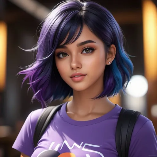 Prompt: ((best quality)), ((illustration)), ((masterpiece)), bright  colors, unreal engine, highres, fantasy, 1 young girl, tan skin, purple shirt, black and blue hair; highly detailed