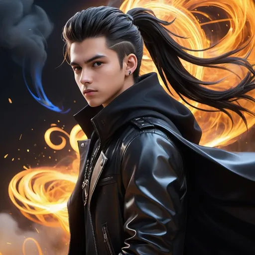 Prompt: ((best quality)), ((illustration)), ((masterpiece)), bright  colors, unreal engine, highres, 1 serious teenage boy, long black spiky ponytail hair, black jacket, black and brown cloak, black metallic gravity energy aura,  black smoke; highly detailed