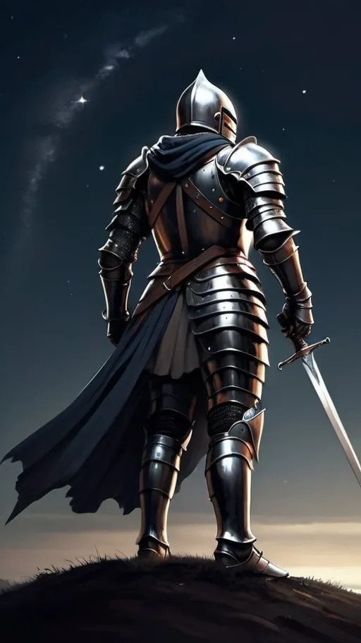 Prompt: "A knight in full armor, cape fluttering behind him in the wind, his sword tip planted into the ground, his hands on the palm of the sword, stares up into the night sky."