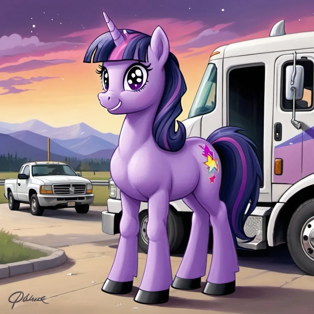 Prompt: masterpiece, my little pony, cartoon painting, purple unicorn twilight sparkle((standing at a truck stop)), 