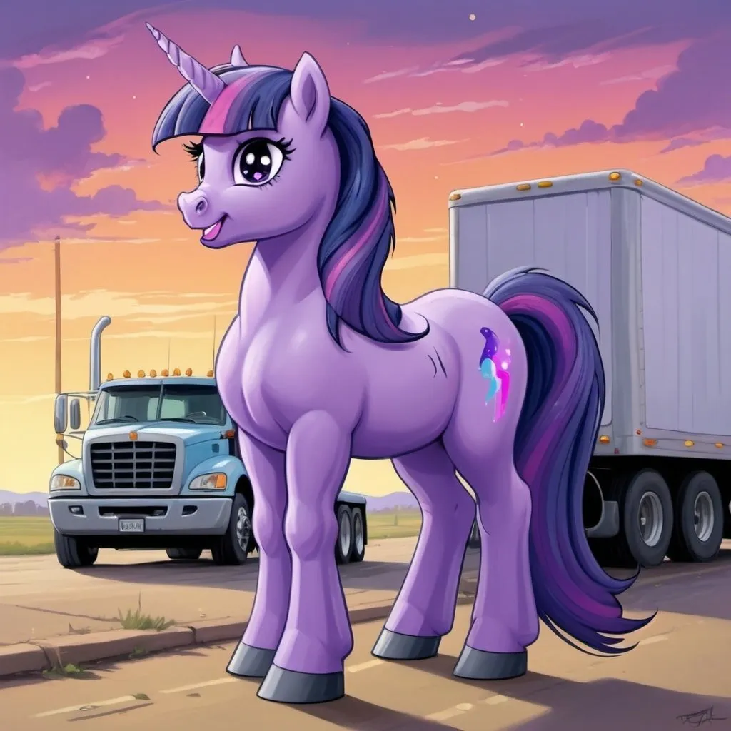 Prompt: masterpiece, my little pony, cartoon painting, purple unicorn twilight sparkle((standing at a truck stop)), 