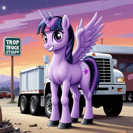 Prompt: masterpiece, my little pony, cartoon painting, purple unicorn twilight sparkle((standing at a truck stop)), 