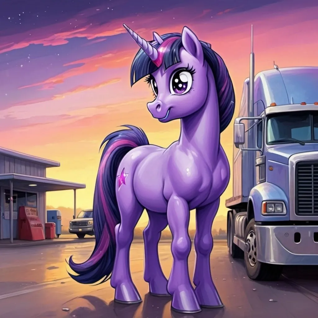 Prompt: masterpiece, my little pony, cartoon painting, purple unicorn twilight sparkle((standing at a truck stop)), 