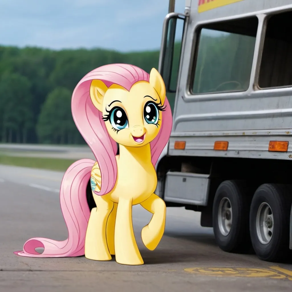 Prompt: masterpiece, my little pony, cartoon painting, fluttershy ((standing at a truck stop)), 
